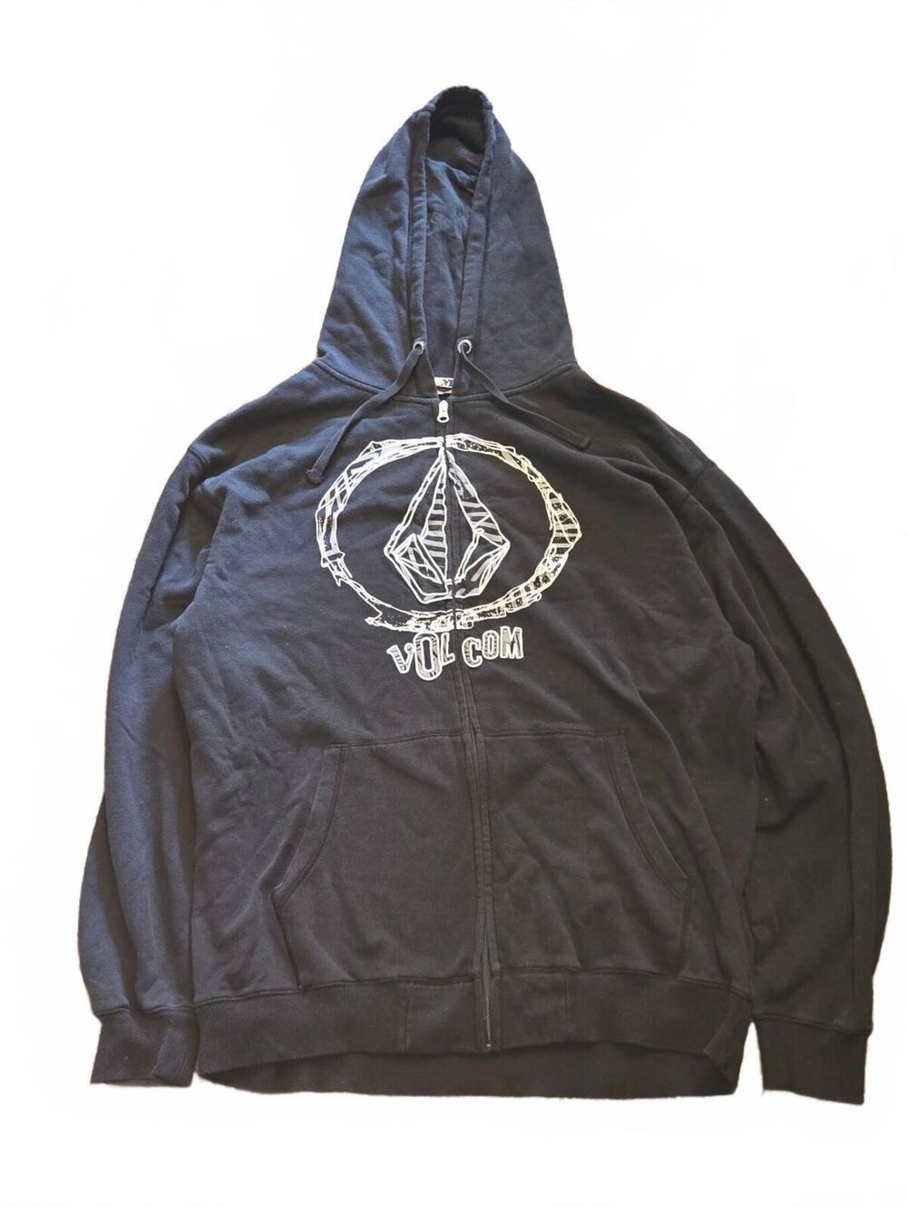 Y2K Volcom Hoodie Men's Large Black Full Zip Vintage Skater Grunge Gray White